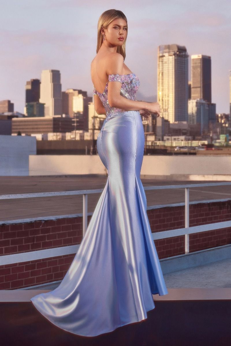 Vestido Corte Sirena de Satén Con Motivos Florales y Hombros Descubiertos.(Dos Colores)