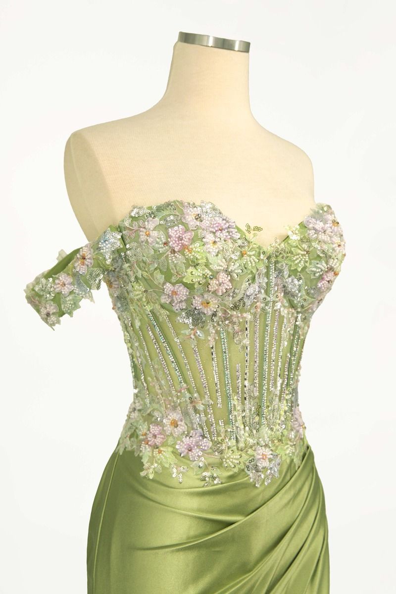 Vestido Corte Sirena de Satén Con Motivos Florales y Hombros Descubiertos.(Dos Colores)