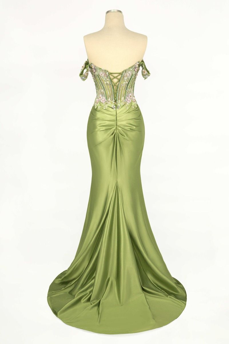 Vestido Corte Sirena de Satén Con Motivos Florales y Hombros Descubiertos.(Dos Colores)