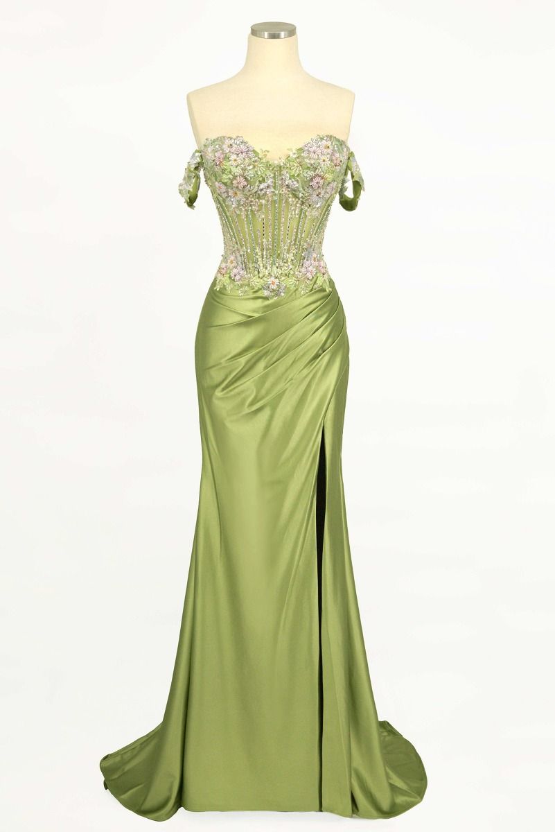 Vestido Corte Sirena de Satén Con Motivos Florales y Hombros Descubiertos.(Dos Colores)