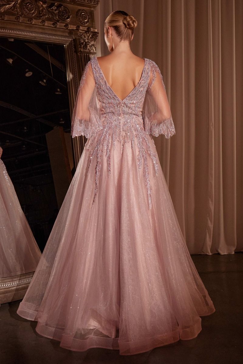 Vestido en Línea A de Encaje y Tul a Capas con Manga Larga Color Mauve.