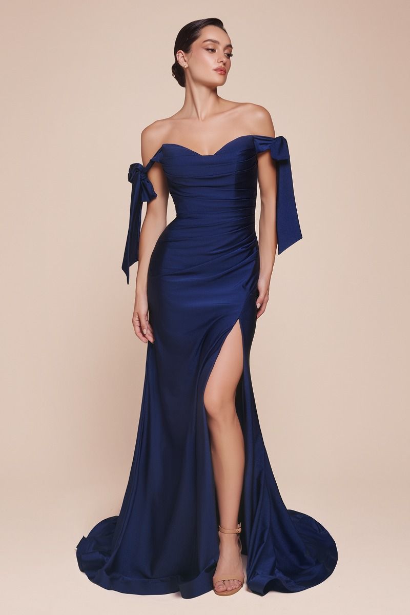 Vestido de Dama de Honor corte ajustado de tela elástica con un escote sostenido por largos lazos (Varios Colores)