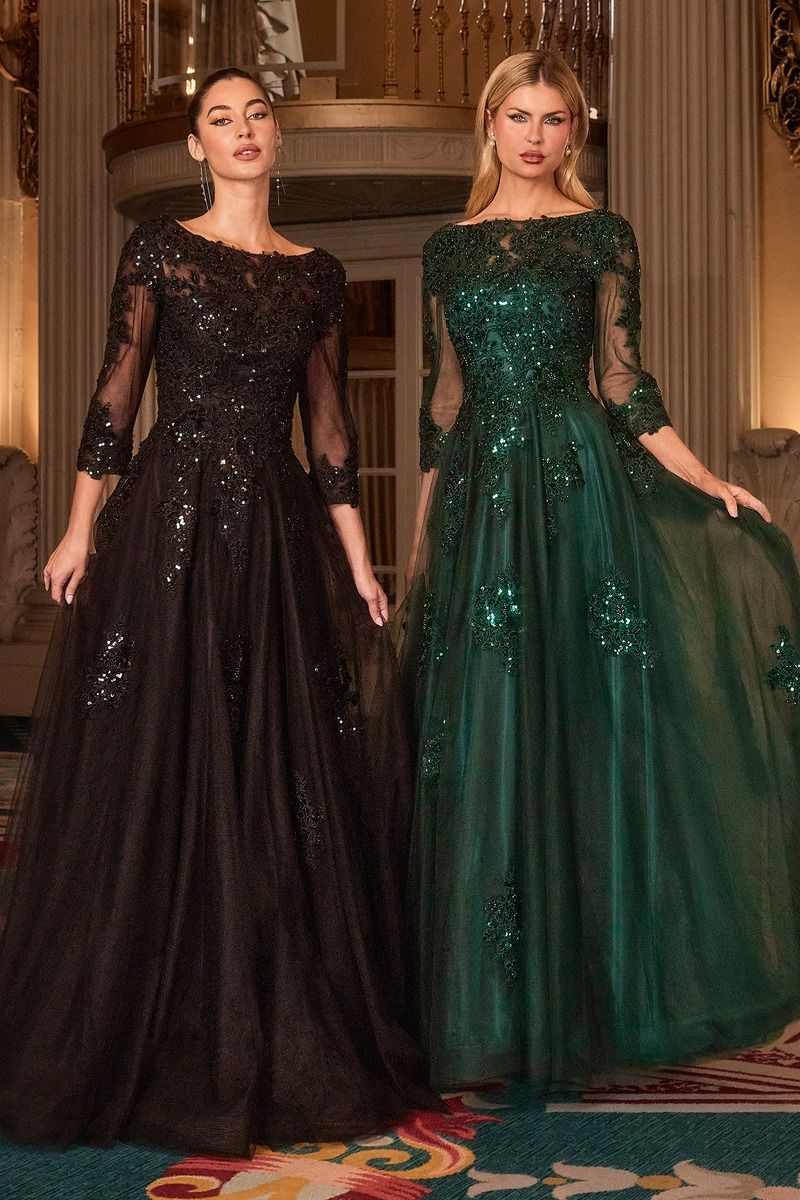 Vestido en Línea A on Escote alto, mangas tres cuartos y espalda en V (Varios Colores)