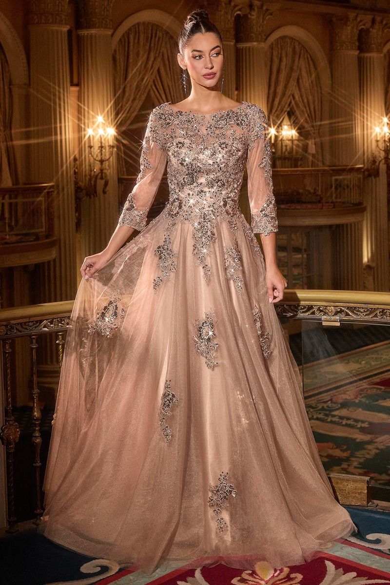 Vestido en Línea A on Escote alto, mangas tres cuartos y espalda en V (Varios Colores)