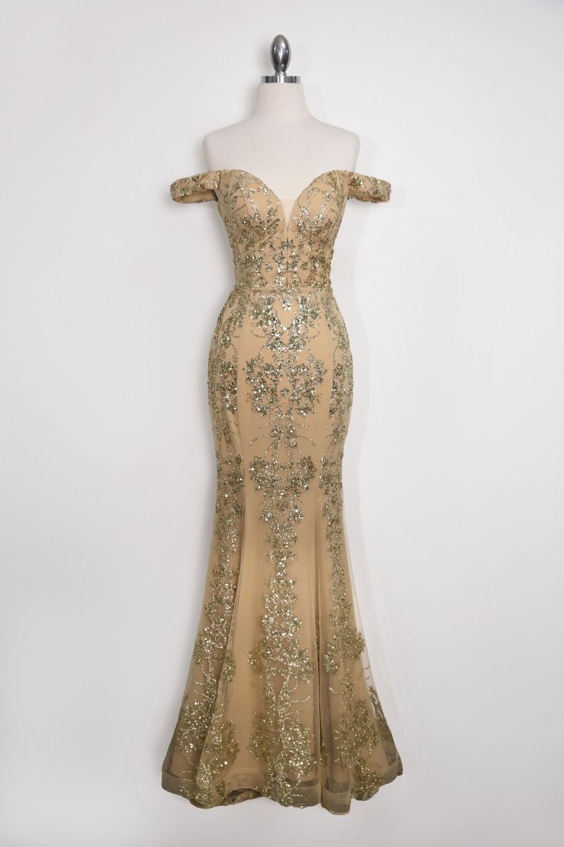 Vestido Entallado, Escote con Hombros Descubiertos de Encaje con Lentejuelas (Varios Colores)
