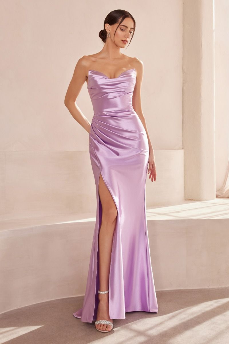 Vestido de Satén Corte de Sirena con Hombros Descubiertos y abertura en la Pierna (Varios Colores)