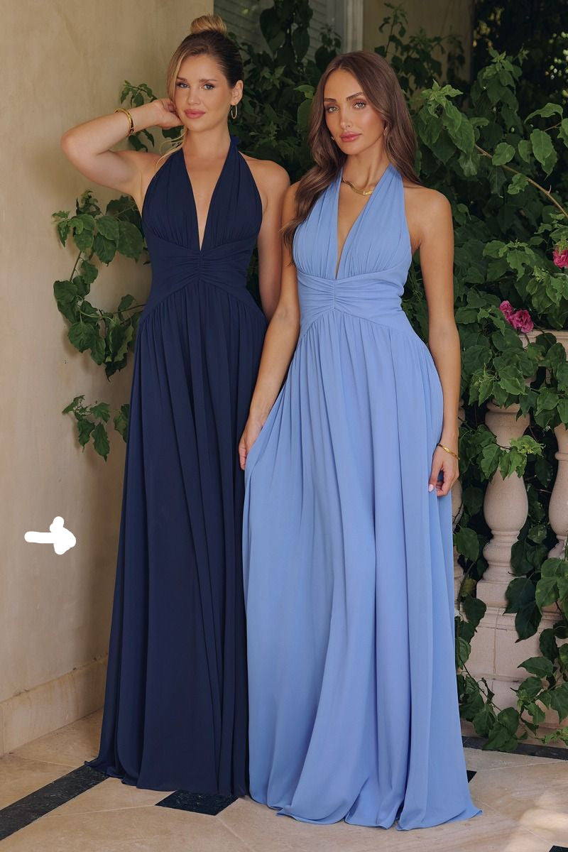 Vestido línea A Halter con diseño Fruncido en la Cintura (Varios Colores)