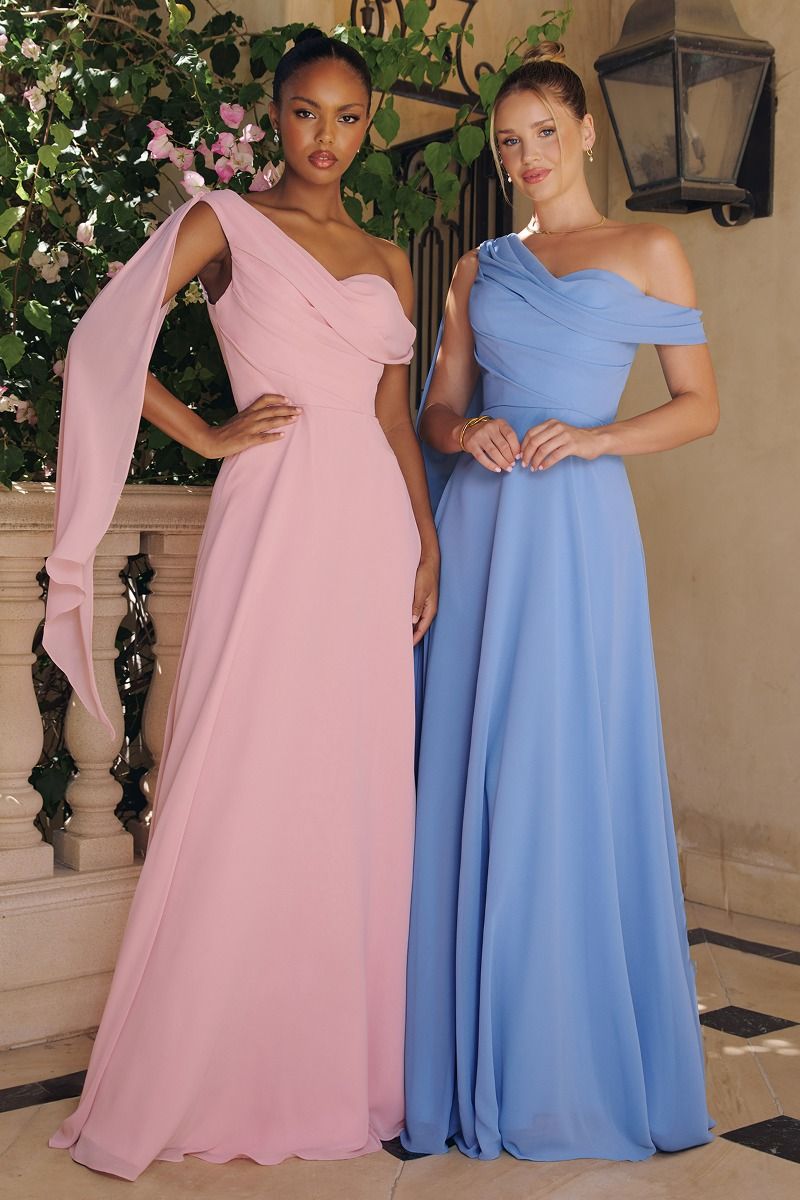 Vestido de Novia Corte en A, Escote de un Solo Hombro con Capa Drapeada de Gasa (Varios Colores)