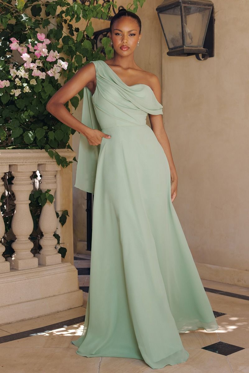 Vestido de Novia Corte en A, Escote de un Solo Hombro con Capa Drapeada de Gasa (Varios Colores)