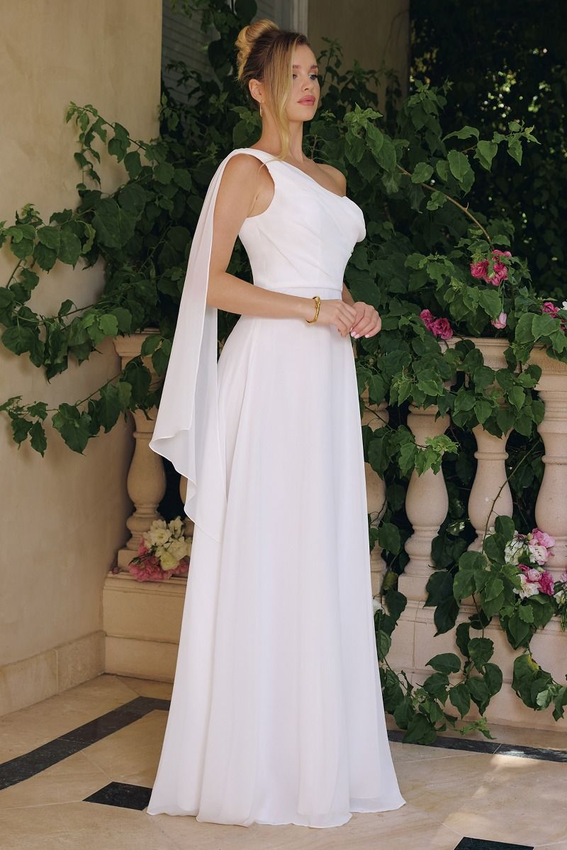 Vestido de Novia Corte en A, Escote de un Solo Hombro con Capa Drapeada de Gasa, Color Off White