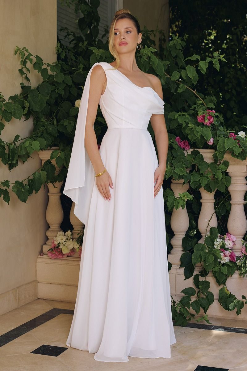 Vestido de Novia Corte en A, Escote de un Solo Hombro con Capa Drapeada de Gasa, Color Off White