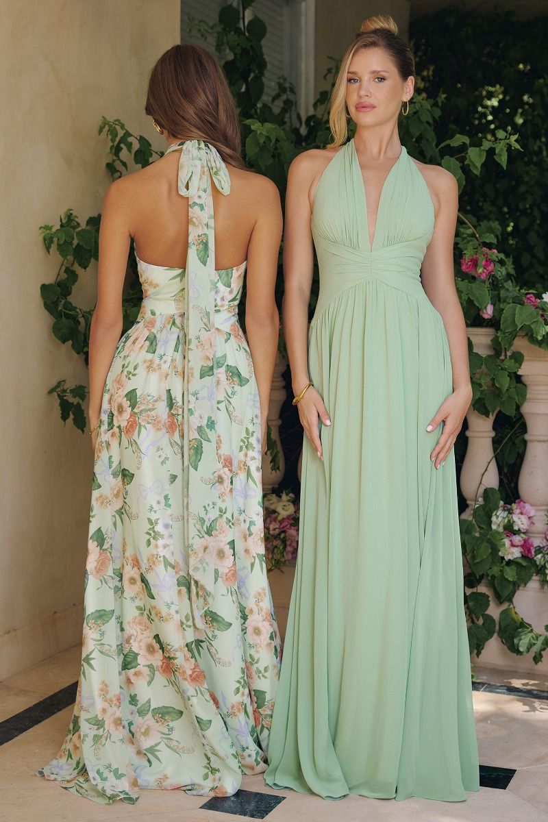 Vestido Estampado Floreado Escote halter pronunciado con cinturilla fruncida y detalle de lazo en la espalda Color Sage.
