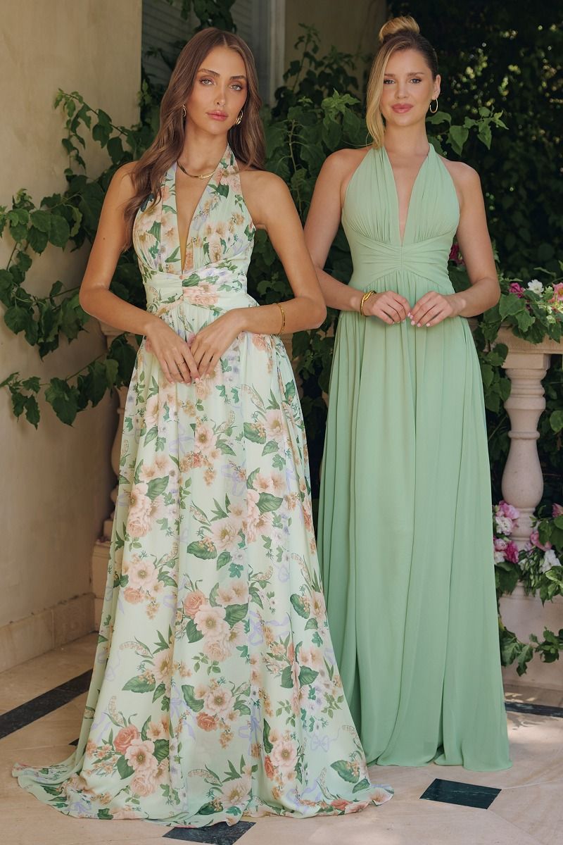 Vestido Estampado Floreado Escote halter pronunciado con cinturilla fruncida y detalle de lazo en la espalda Color Sage.