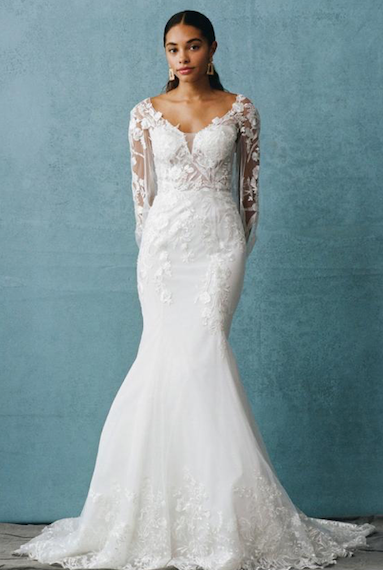 Vestido de Novia en corte de sirena con mangas de encaje escote V