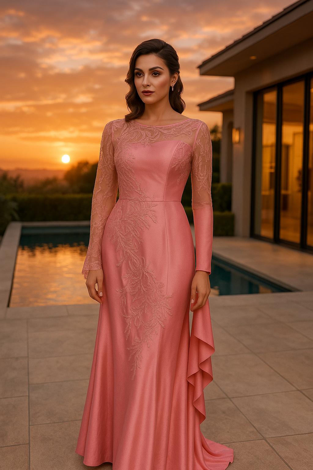 Vestido con Escote Ilusión, Mangas Largas, Corpiño con Apliques, Abertura en la Pierna y Cintura Plisada.(Varios Colores)