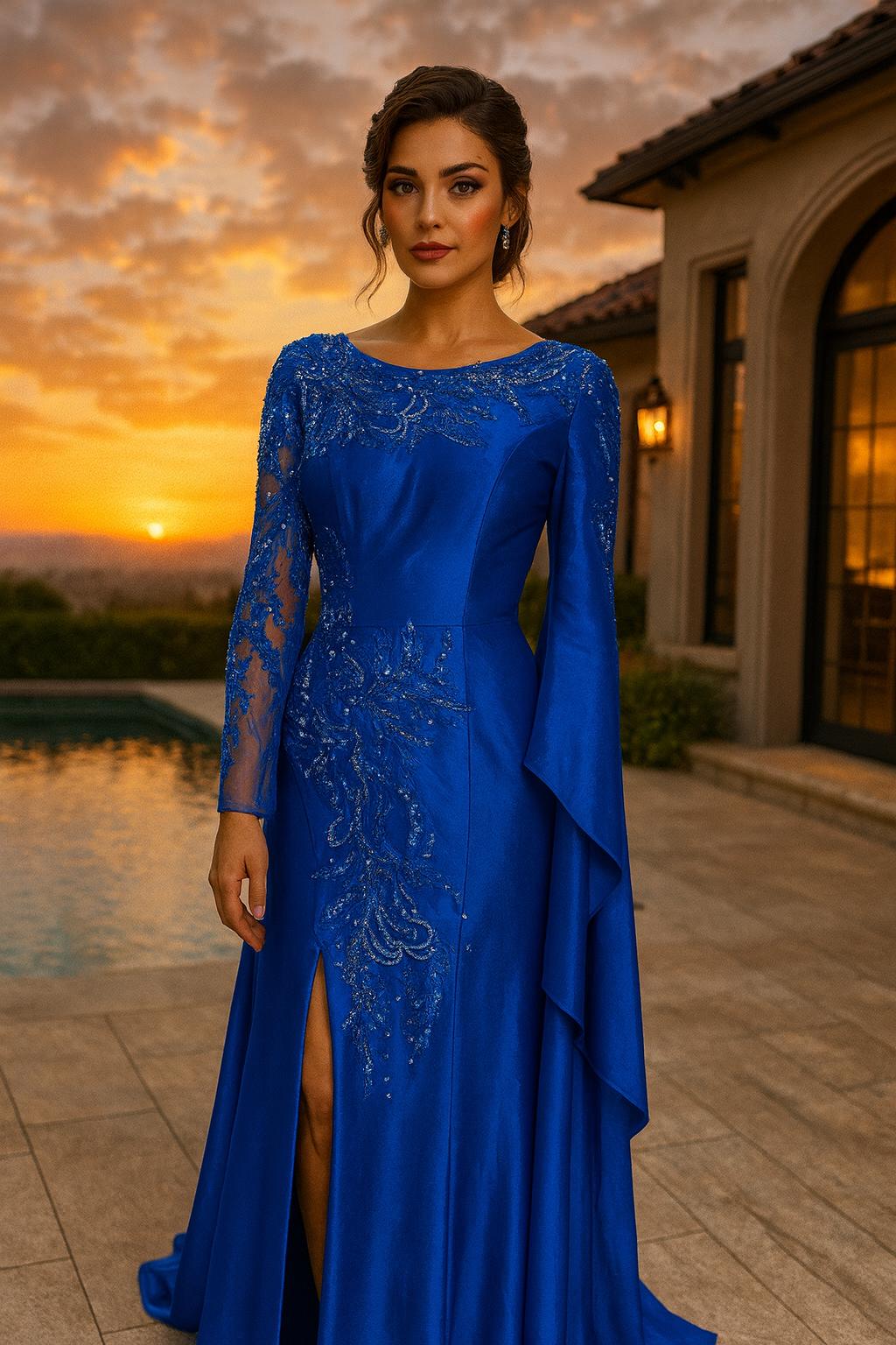 Vestido con Escote Ilusión, Mangas Largas, Corpiño con Apliques, Abertura en la Pierna y Cintura Plisada.(Varios Colores)
