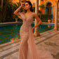Vestido Al Hombro con Escote en V, Aplicaciones de Cuentas y Capa de Tul, Colores Burgundy y Gold