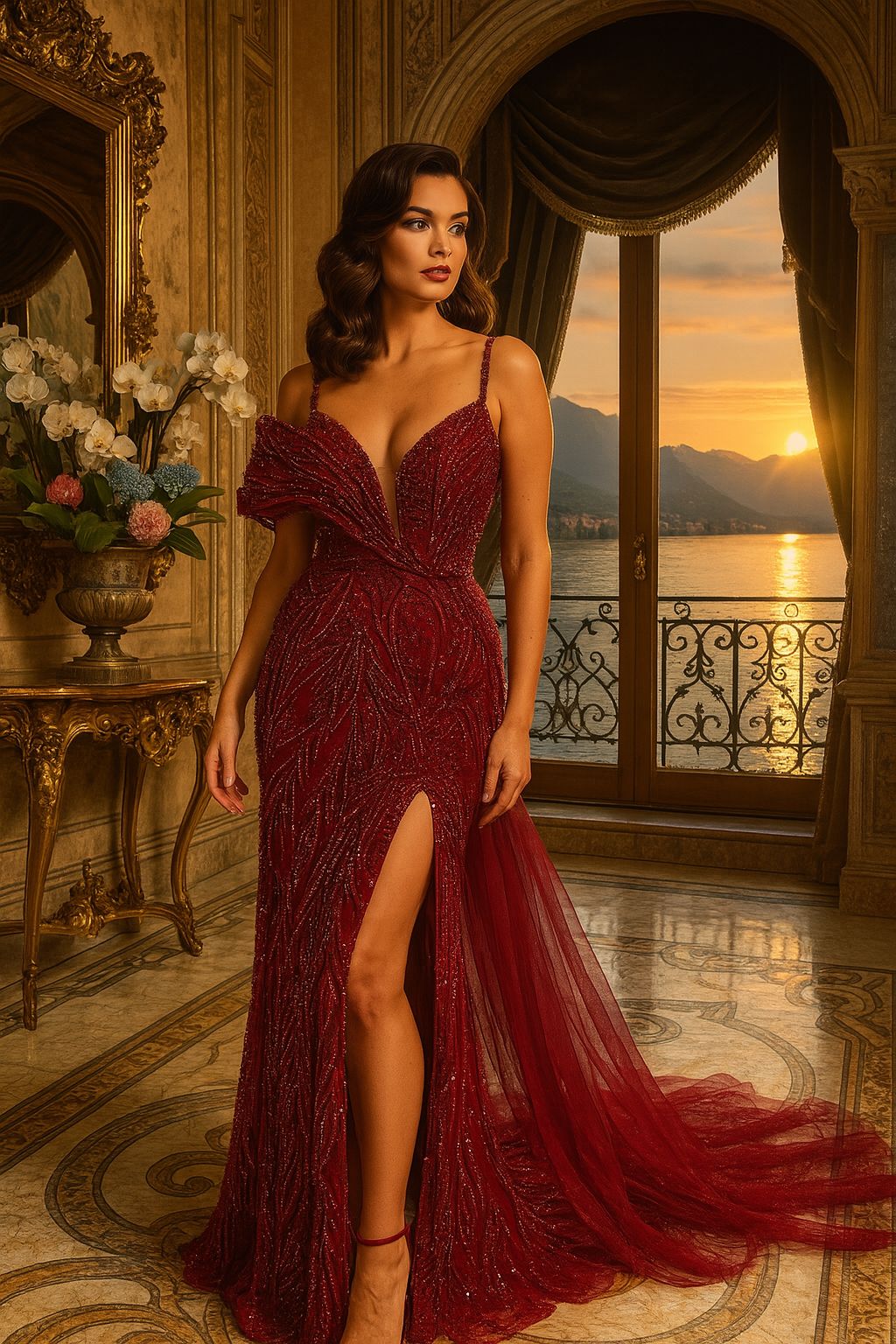 Vestido Al Hombro con Escote en V, Aplicaciones de Cuentas y Capa de Tul, Colores Burgundy y Gold