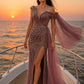 Vestido Al Hombro y Tirantes Con Diseños Sofisticados, Aplicaciones en Cuentas y Sobrefalda de Tul, Colores Dusty Blue y Mauve