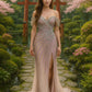 Vestido Ajustado de Tul con Hombros Descubiertos y Adornado con Cuentas, Colores Nude y Pink