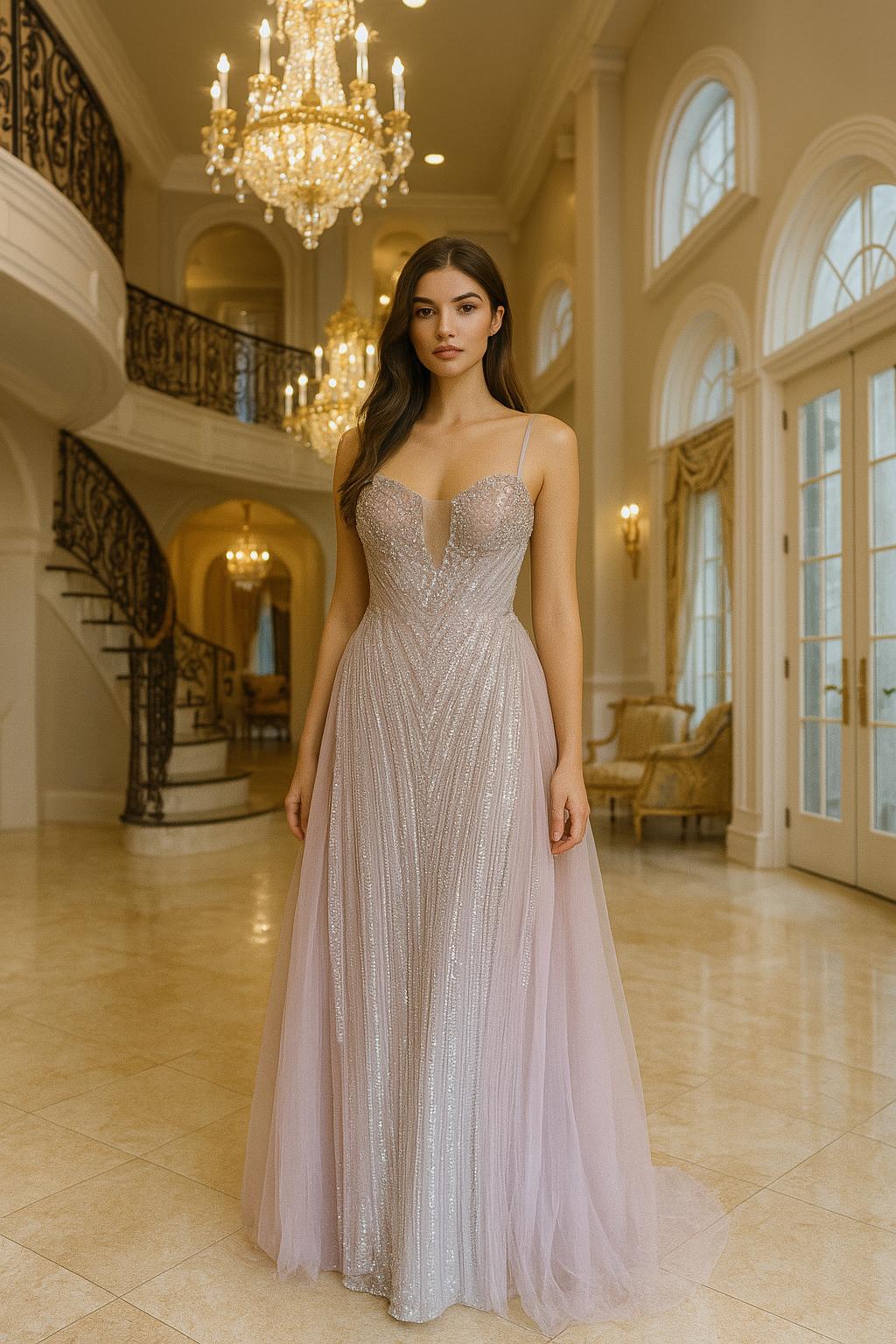 Vestido de Alta Costura en línea recta con acabados en Cristales con sobrefalda. (Varios Colores)