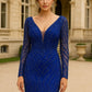 Vestido Corte Sirena con Escote Profundo en V, Manga Larga y Aplicaciones en Lentejuelas (Varios Colores)