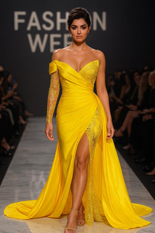 Vestido de Satén a un Hombro con Manga Larga, Escote en V, Cintura Fruncida y Abertura en la Pierna (Varios  Colores)