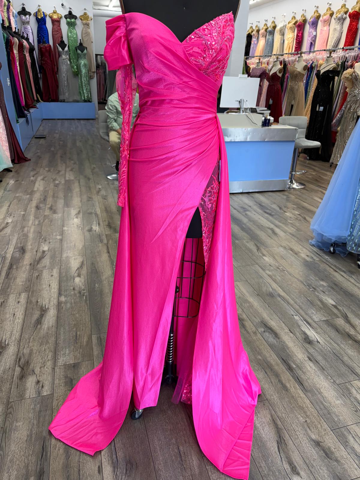 Vestido de Satén a un Hombro con Manga Larga, Escote en V, Cintura Fruncida y Abertura en la Pierna (Varios  Colores)