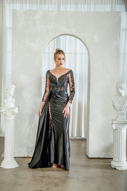 Vestido Ajustado con Mangas Largas, Cintura Lateral Fruncida con Cauda y Abertura Lateral (Varios Colores)