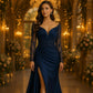 Vestido Ajustado con Mangas Largas, Cintura Lateral Fruncida con Cauda y Abertura Lateral (Varios Colores)