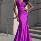 Vestido Cote Sirena, Sin Mangas, Cuello V, Con Detalles Drapeados, Colores Eggplant y Magenta