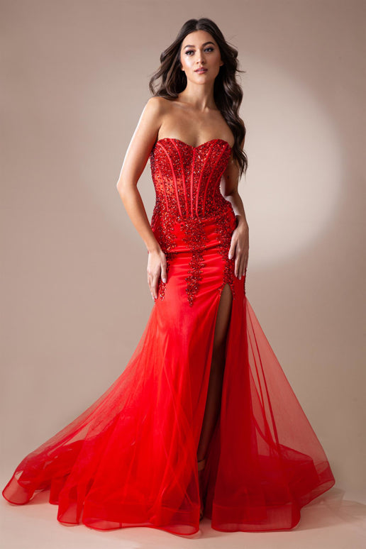 Vestido Corte Sirena de Tul Con Corsé Bordado con Cuentas (Varios Colores)