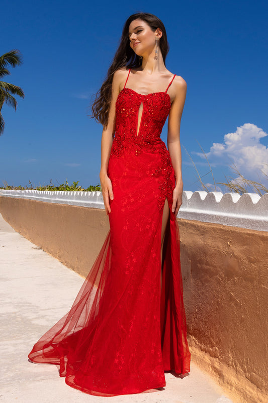 Vestido de Tul con Encaje Bordado con Abertura en la pierna y Escote de Corazón Colores Red y Black