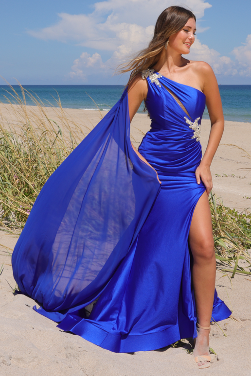 Vestido a un Hombro con Adornos y Escote transparente con Abertura en la Pierna (Varios Colores)