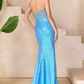 Vestido de Fiesta con Abertura en la Pierna Bordado con Pedrería, Colores Turquoise y Hot Pink