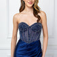 Vestido en Corte Sirena con Abertura en la Pierna Escote Semitransparente Bordado. Colores Gold y Navy