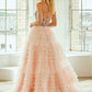 Vestido en línea A de tul en capas con Abertura y Adornos de pedreria en el Busto Color Ligth Pink