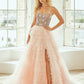 Vestido en línea A de tul en capas con Abertura y Adornos de pedreria en el Busto Color Ligth Pink