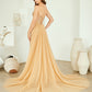 Vestido Corte Sirena y Cauda Larga de Tul Desmontable Color Champagne