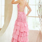 Vestido Ajustado, Con Tirantes Escote Redondo, Espalda Descubierta, Encaje Hasta la Cadera, con Falda de Olanes en Cascada y Abertura en la Pierna, Colores Ligth Blue y Pink