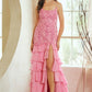 Vestido Ajustado, Con Tirantes Escote Redondo, Espalda Descubierta, Encaje Hasta la Cadera, con Falda de Olanes en Cascada y Abertura en la Pierna, Colores Ligth Blue y Pink