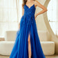 Vestido en Línea A de Tul con Forro y con Abertura a aun costado y detalles de Encaje  brilloso (Varios Colores)