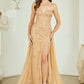 Vestido Corte Sirena y Cauda Larga de Tul Desmontable Color Champagne