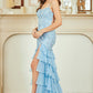 Vestido Ajustado, Con Tirantes Escote Redondo, Espalda Descubierta, Encaje Hasta la Cadera, con Falda de Olanes en Cascada y Abertura en la Pierna, Colores Ligth Blue y Pink