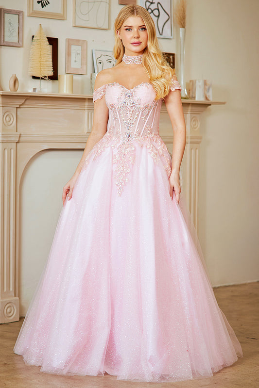 Vestido de Fiesta, Corte A, con Hombros Descubiertos, Corsé Bordado con Escote Corazón, Colores Ligth Blue y Pink