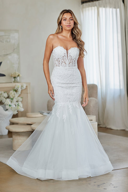 Vestido Novia Corte Sirena, Escote Corazón, Totalmente Bordado, Color White