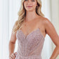 Vestido Corto de Tul, Escote Corazón, Corpiño Tipo Corsé con Aplicaciones de Pedrería, Colores Dusty Rose y Navy