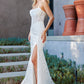 Vestido de Novia Ajustado de Encaje, con Escote Recto y Detalle en Drapeado, con Corsé y Abertura en la Pierna, Color White