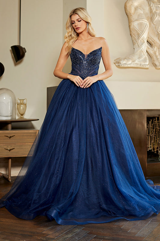 Vestido Corte Princesa, Con Corpiño Bordado Tipo Corsé Sin Tirantas y Falda de Tul con Brillos, Colores Dusty Rose y Navy