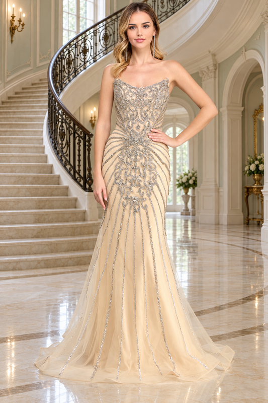 Vestido Corte Sirena, con Escote Redondo, Cuerpo Tipo Corsé, Bordado, Varios Colores